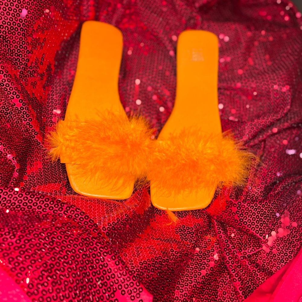 Orange Fuzzy Slide Sandals